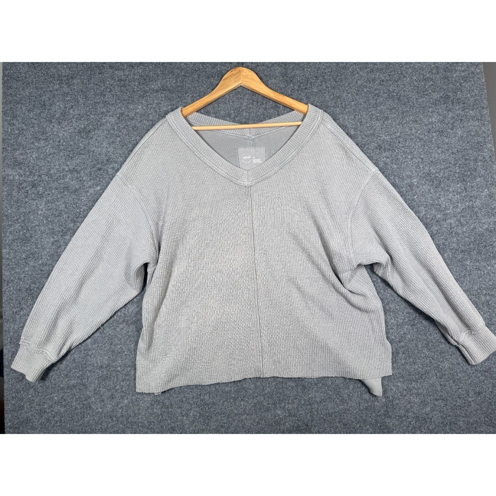 Aerie Sweater Womens Small Heather Gray Textured Waffle-Knit V-Neck Side Slit